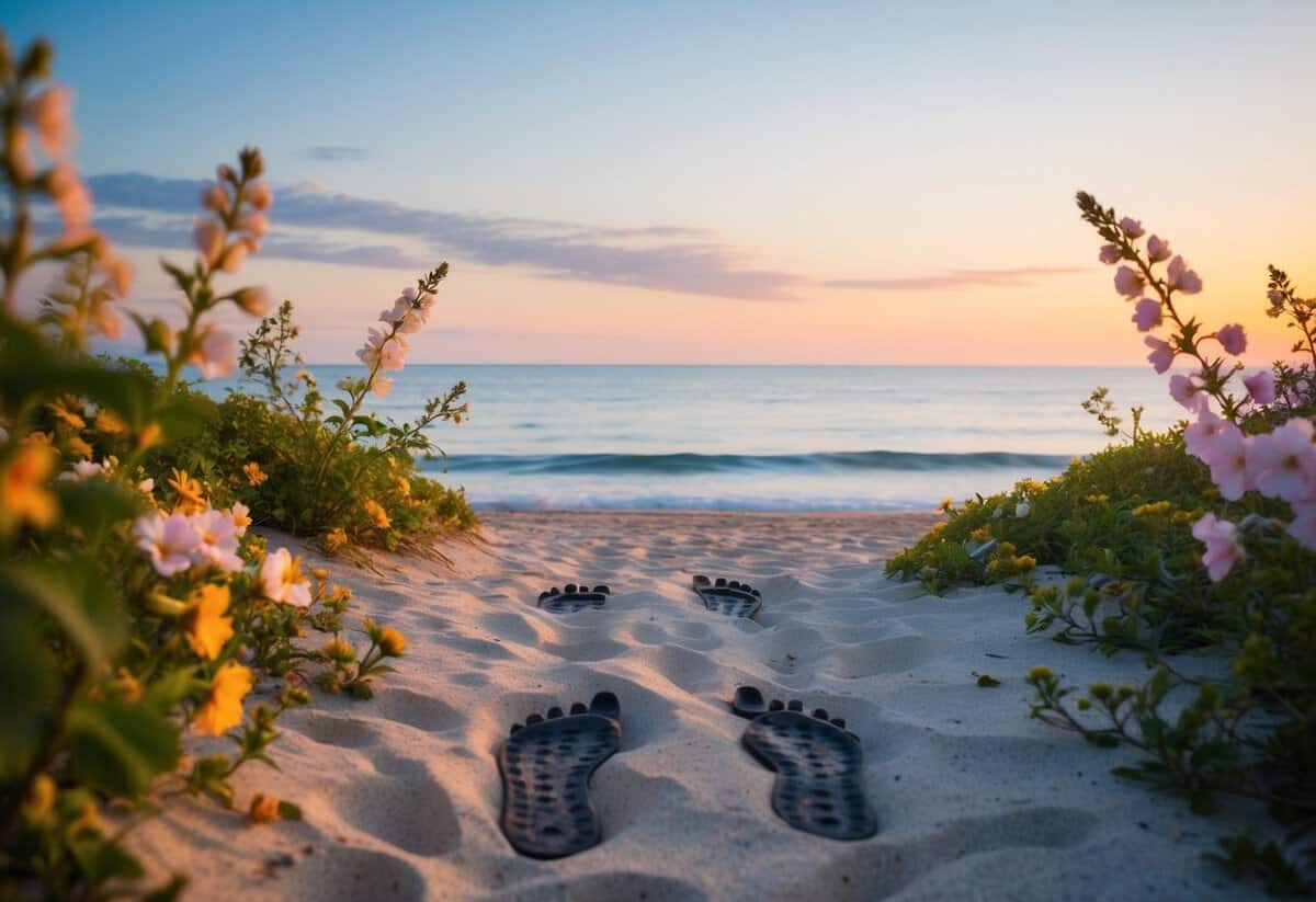A serene beach at sunset, two sets of footprints leading towards the ocean, surrounded by blooming flowers and a gentle breeze