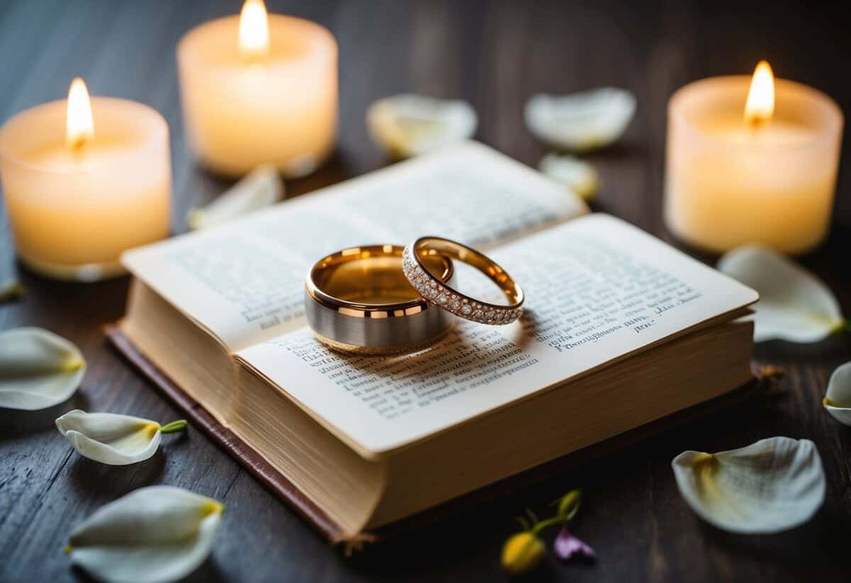 A pair of wedding rings resting on an open book, surrounded by delicate flower petals and soft candlelight