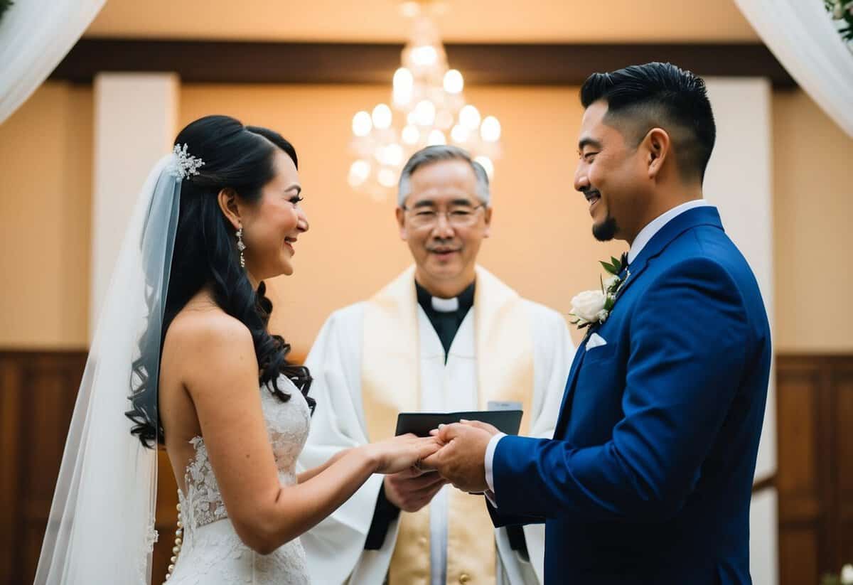 A couple standing before an officiant, exchanging vows in a traditional wedding ceremony setting