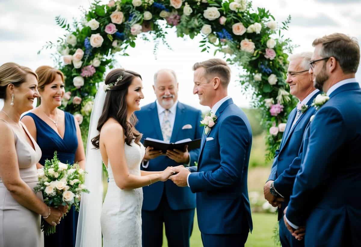 A couple standing under a floral arch with intertwined rings, surrounded by family and friends, exchanging heartfelt vows