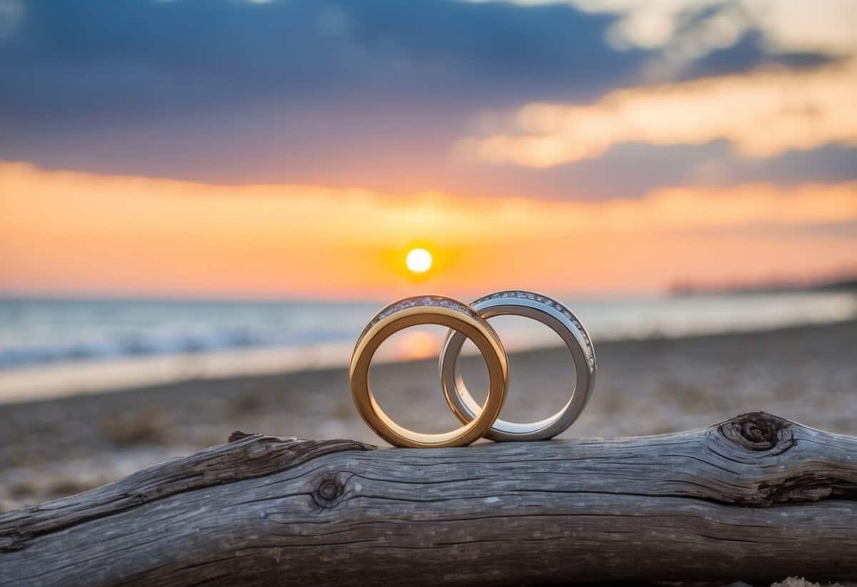 A serene beach at sunset with two entwined rings resting on a weathered piece of driftwood