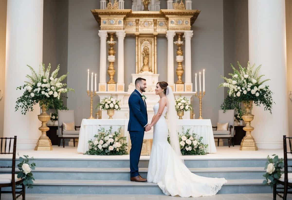 A bride and groom stand before an ornate altar, blending traditional and modern elements. The setting is serene, with a mix of classic and contemporary decor