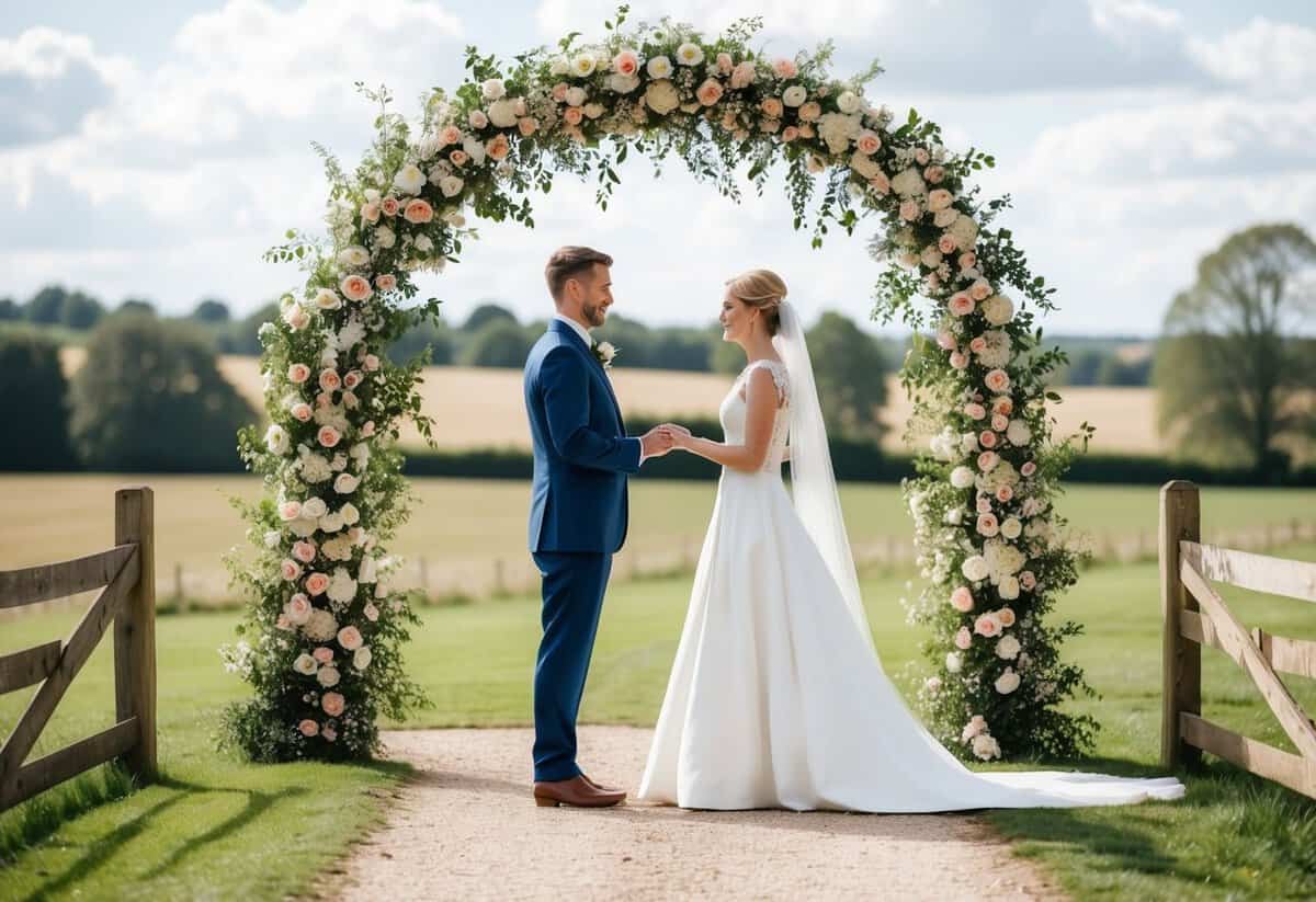 A bride and groom standing under a floral archway exchanging vows, with a traditional English countryside backdrop