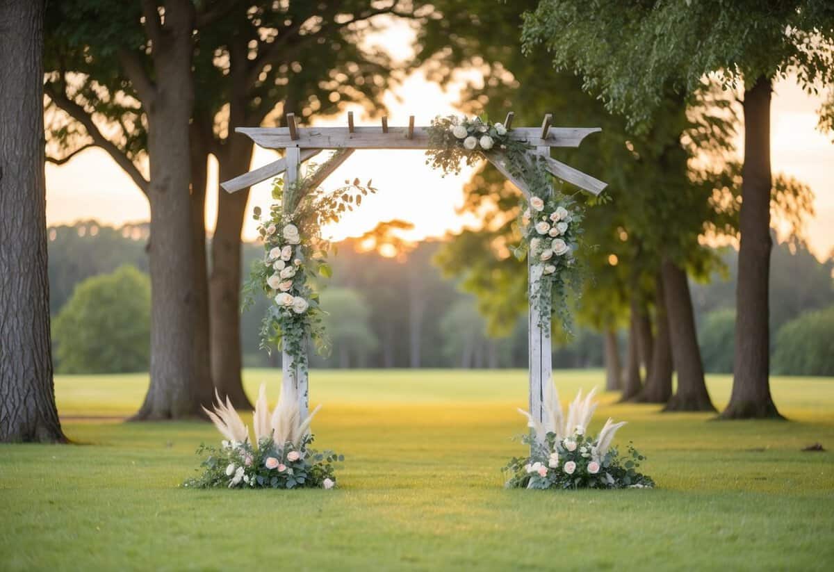 A peaceful outdoor setting with a rustic wooden archway adorned with flowers and greenery, surrounded by tall trees and a soft, golden sunset glow