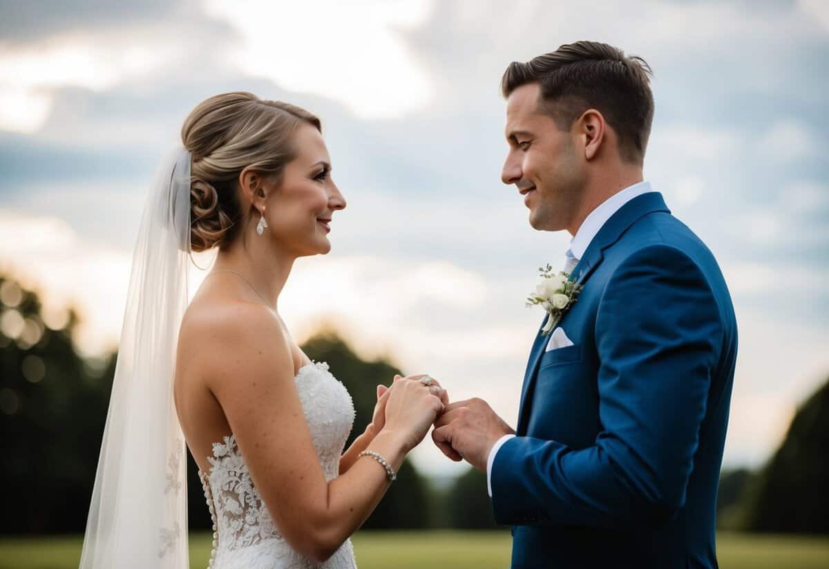 A bride and groom standing facing each other, exchanging rings and speaking solemnly
