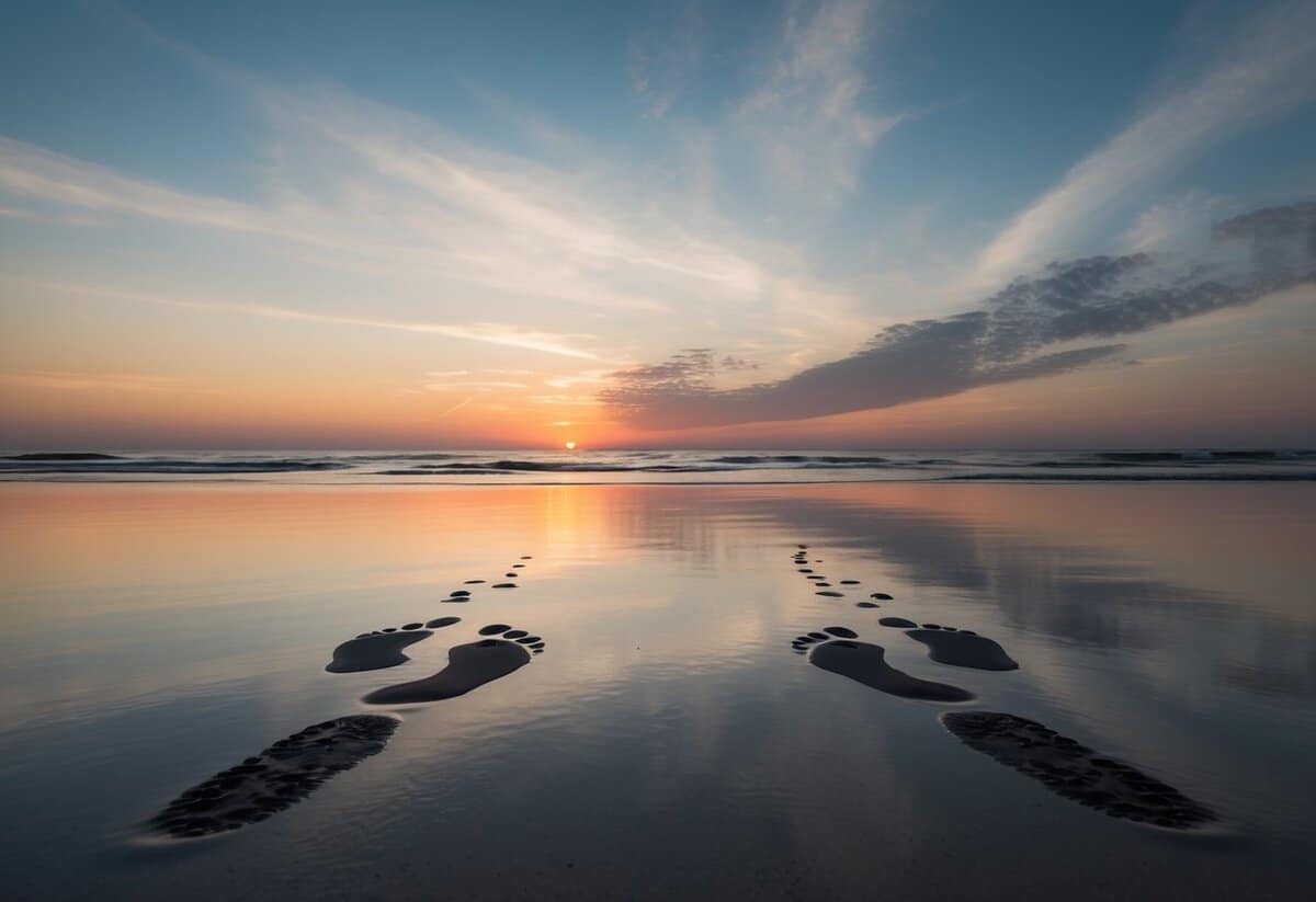 A sunset over a tranquil beach with two sets of footprints leading towards the horizon