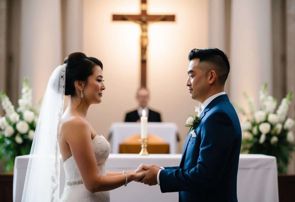A person standing at an altar, facing their partner, with a solemn expression as they exchange traditional wedding vows
