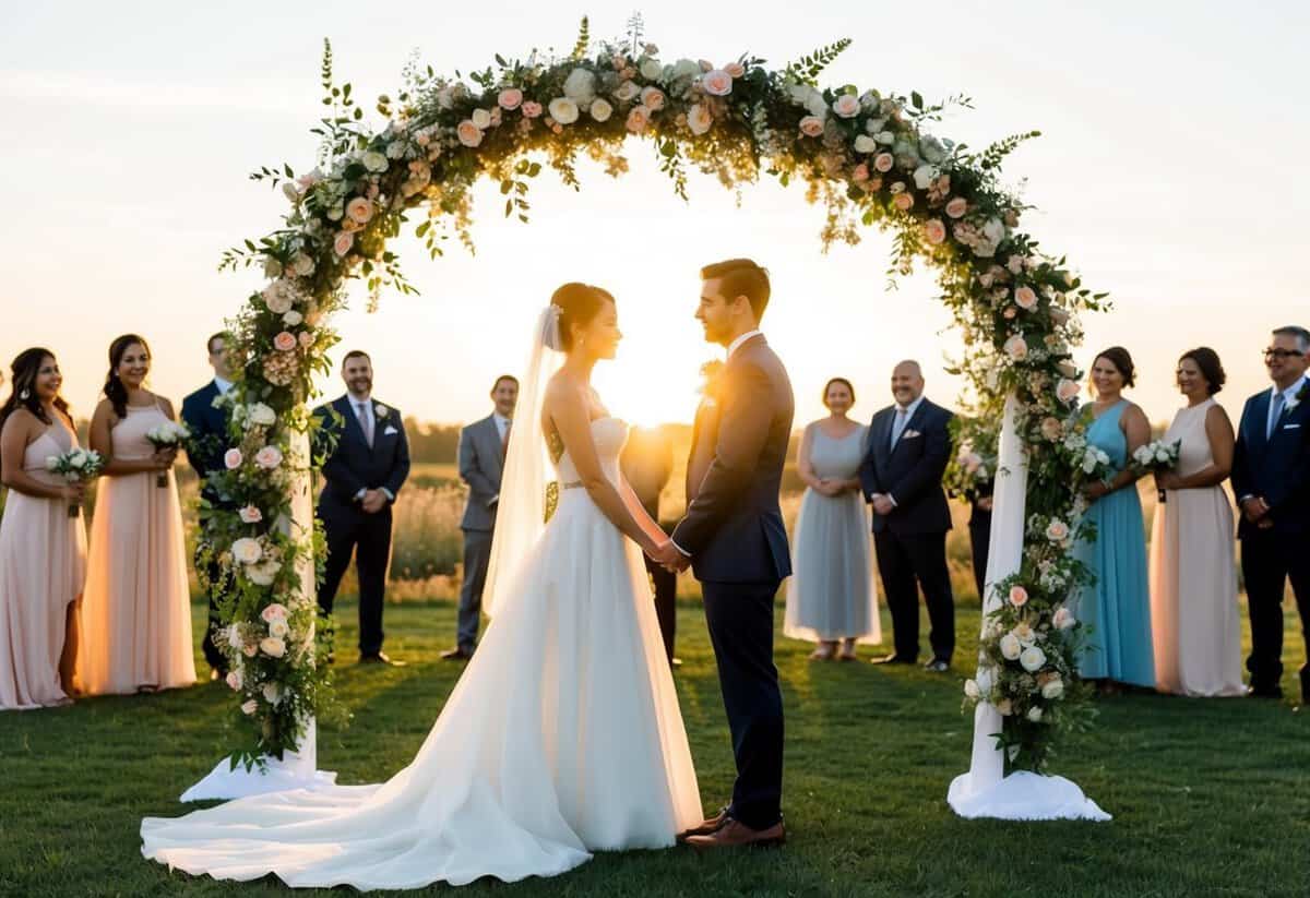 A bride and groom stand facing each other under a floral arch, surrounded by friends and family. The sun sets behind them, casting a warm glow over the scene