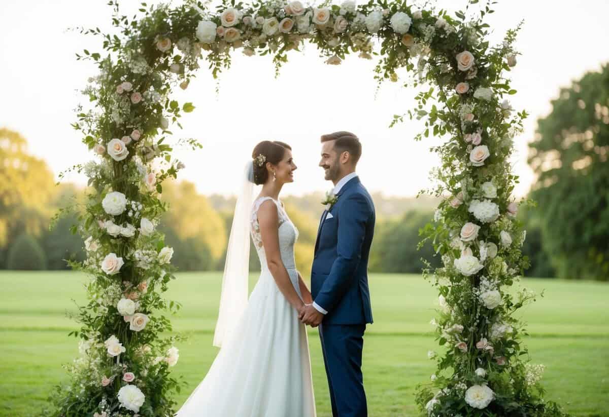A bride and groom stand facing each other, framed by an archway of flowers and greenery. The setting is serene and romantic, with soft lighting and a gentle breeze