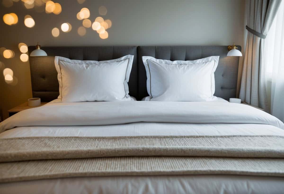 A cozy bedroom with two pillows side by side and a soft blanket draped over a large bed