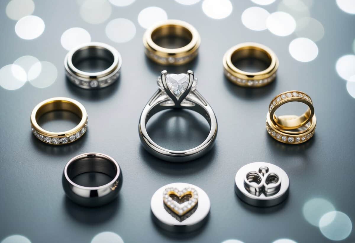 A wedding ring surrounded by seven symbolic objects representing love, trust, commitment, communication, support, respect, and loyalty