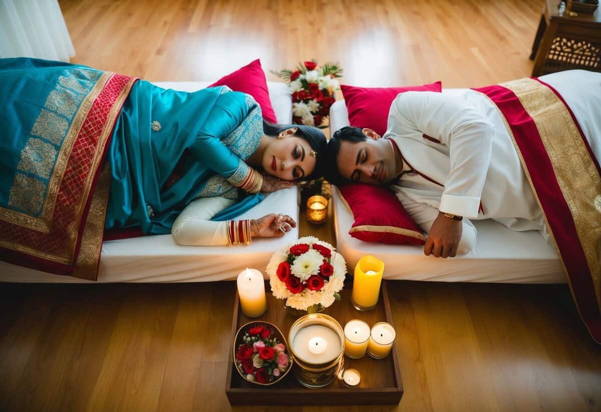A couple lying in separate beds, surrounded by symbolic pre-wedding items such as flowers, candles, and traditional garments