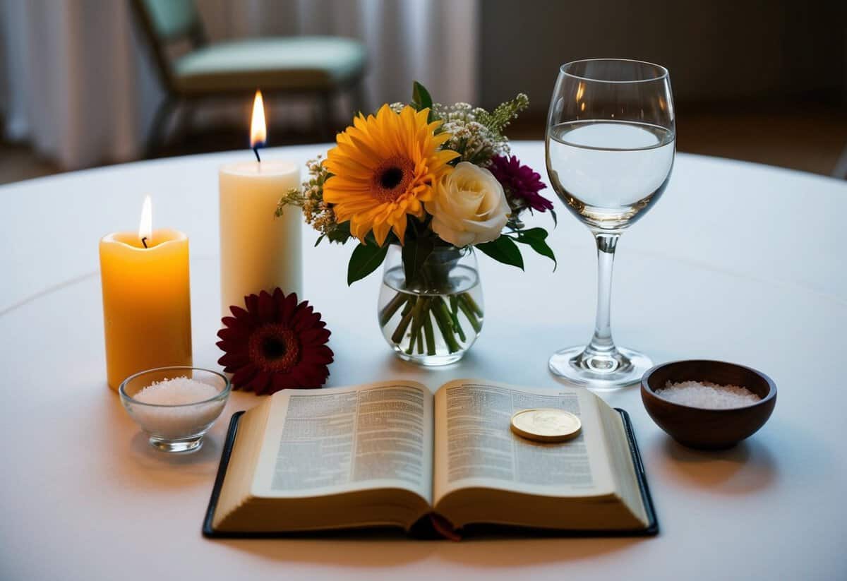 A table set with 7 symbolic items representing traditional wedding vows: a candle, a ring, a flower, a coin, a wine glass, a Bible, and a small container of salt