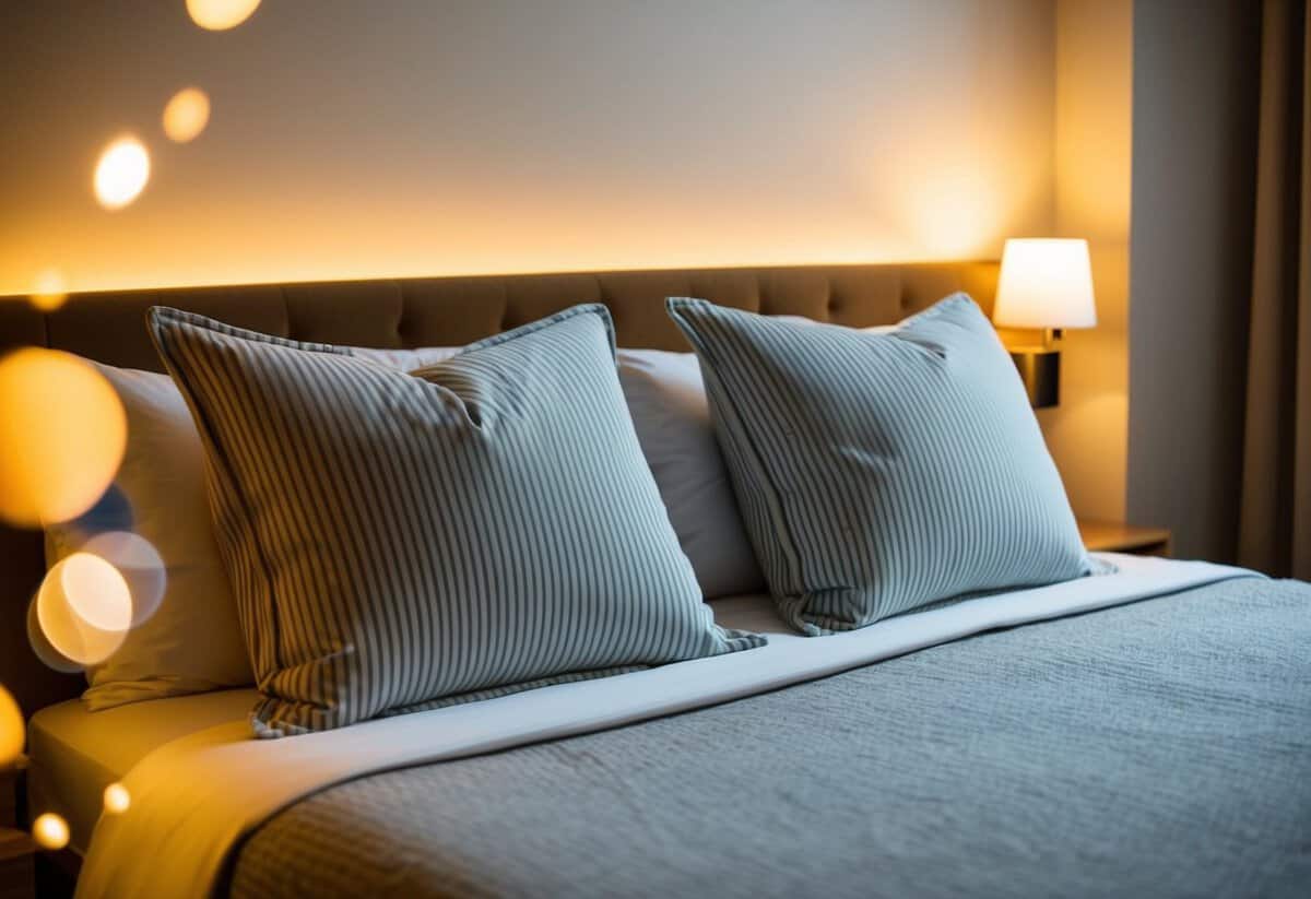 A cozy bed with two pillows side by side, surrounded by soft lighting and a warm color palette