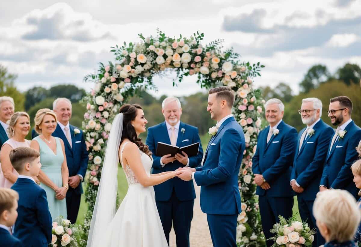 A bride and groom standing beneath a floral arch exchanging vows in front of a crowd of family and friends