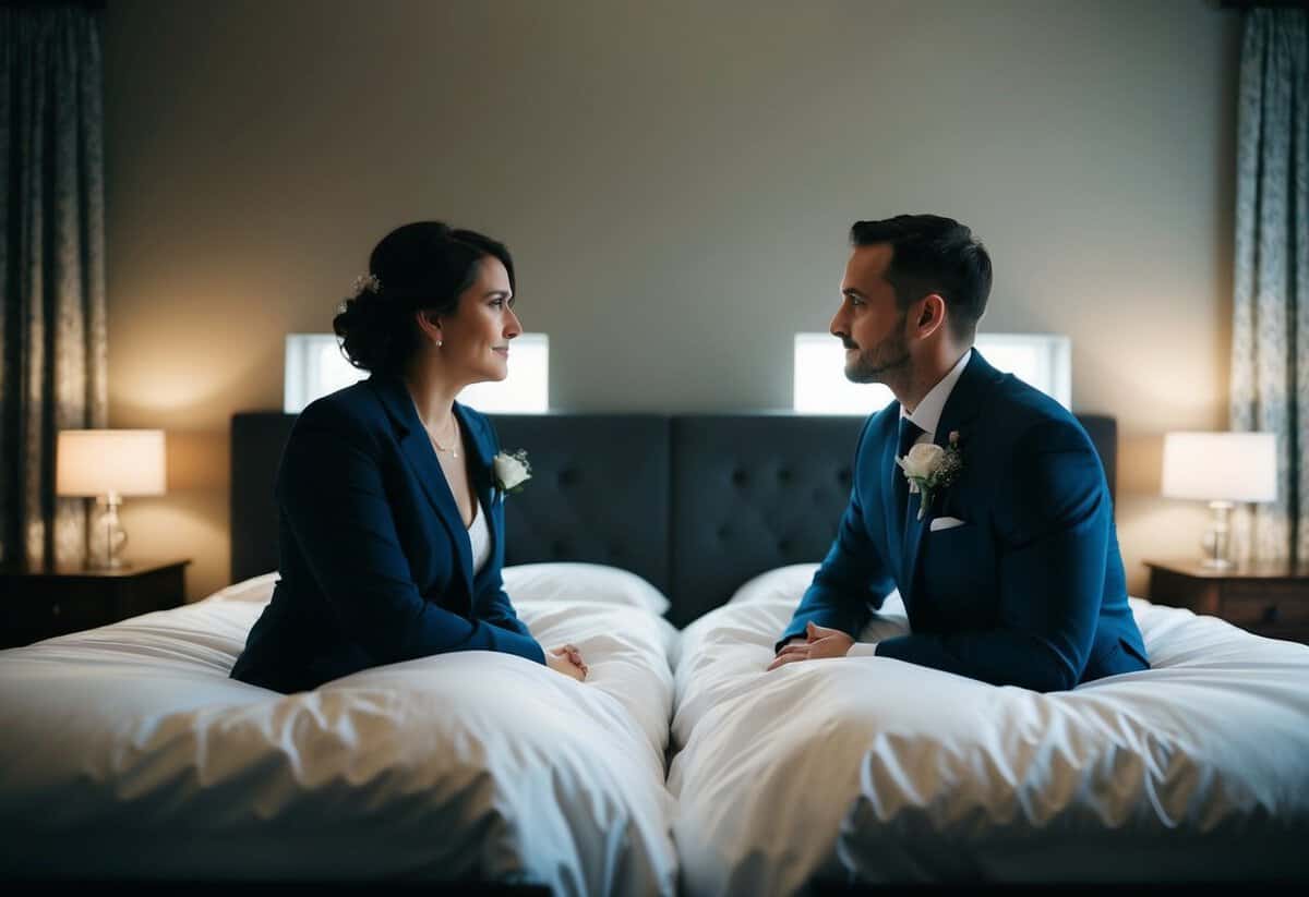 A couple sits on opposite sides of a bed, contemplating whether to sleep together before their wedding. The room is dimly lit, with a sense of anticipation and uncertainty in the air