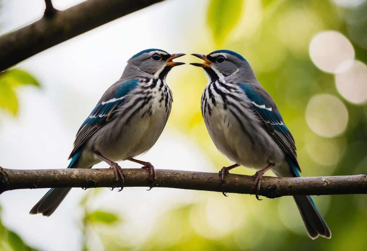 A bird perched on a branch, facing another bird, as they sing their vows to each other