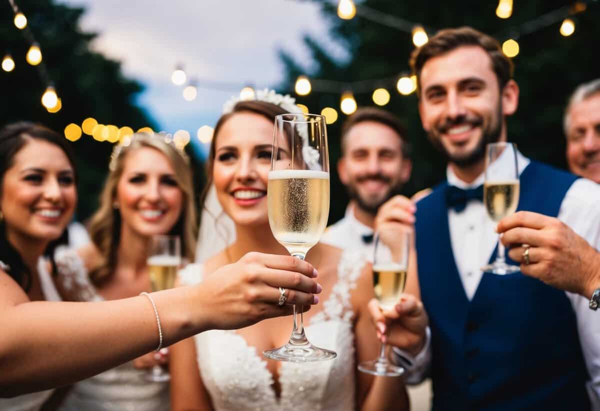 A champagne glass is raised towards the bride, surrounded by smiling faces and twinkling lights