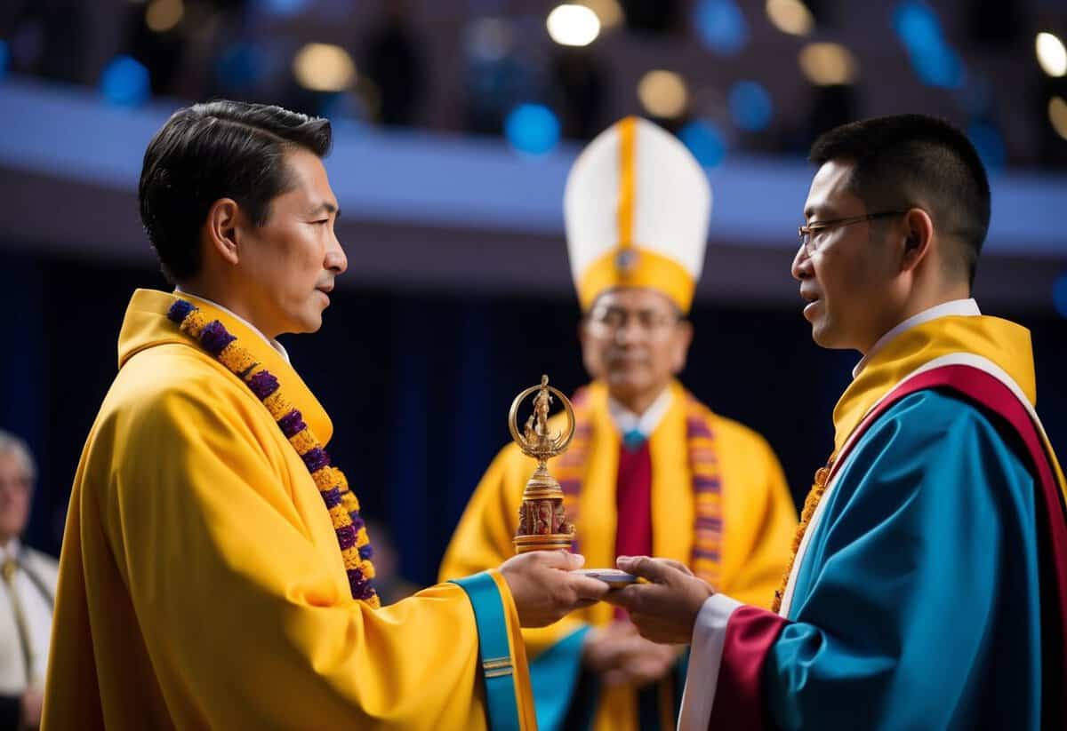A figure in a ceremonial setting, facing another, holds a symbolic object while speaking. The other figure listens and responds in turn