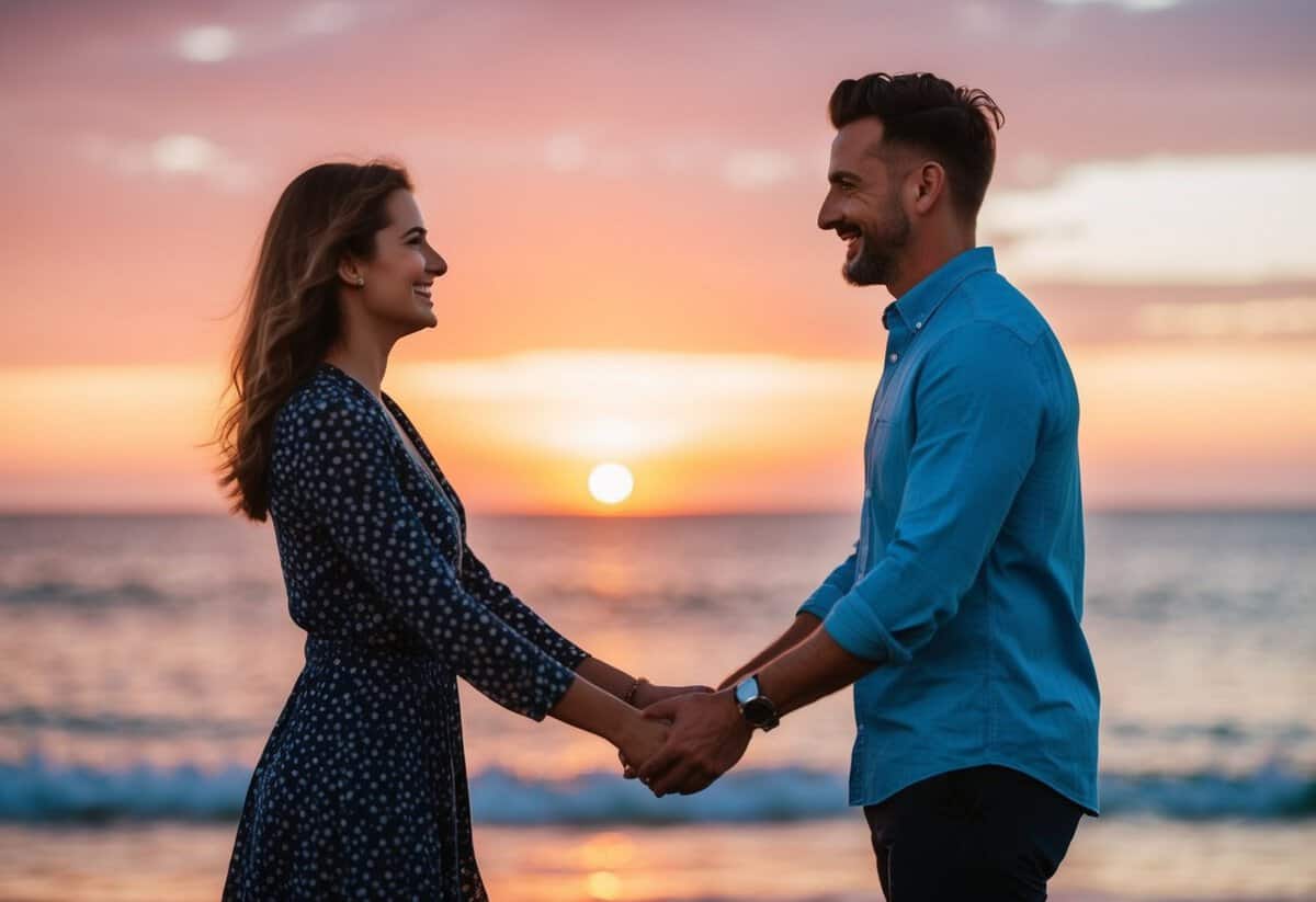 A couple standing on a beach at sunset, holding hands and smiling at each other