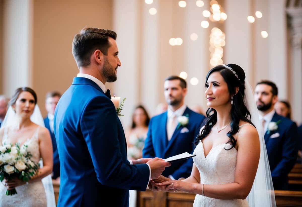 A groom stands at the altar, holding his vows in hand, while the bride waits expectantly, gazing at him