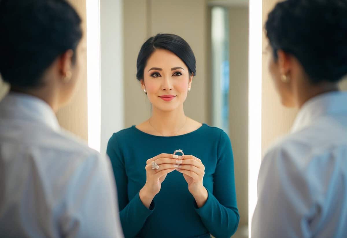 A person standing in front of a mirror, holding a wedding ring, with a thoughtful expression