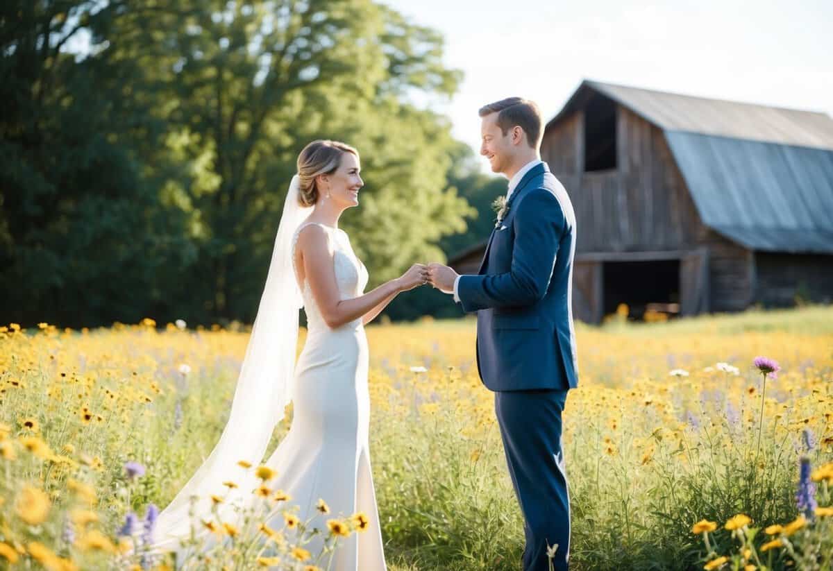 A couple standing in a sun-drenched field, surrounded by wildflowers, exchanging heartfelt vows with a rustic barn in the background
