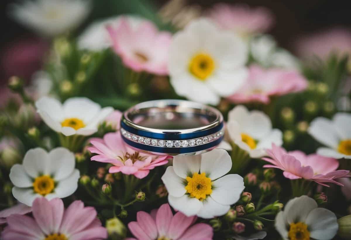 A simple wedding band resting on a bed of fresh flowers