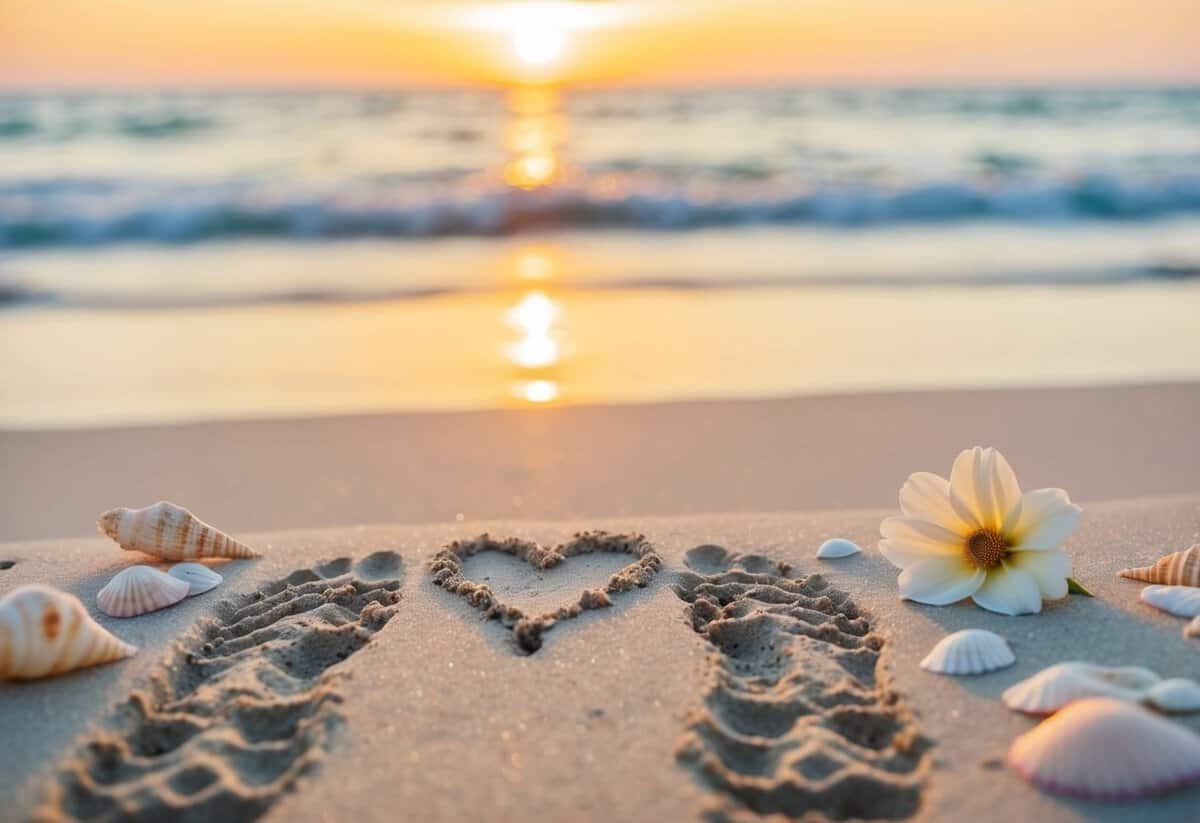 A serene beach at sunset, with two sets of footprints leading to a heart drawn in the sand, surrounded by delicate seashells and a single flower