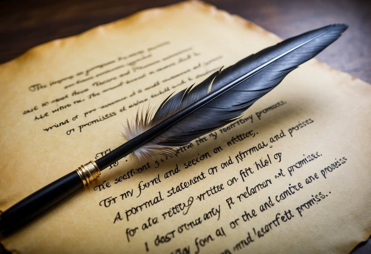 A quill pen poised over a parchment with a formal statement and heartfelt promises written on separate sheets
