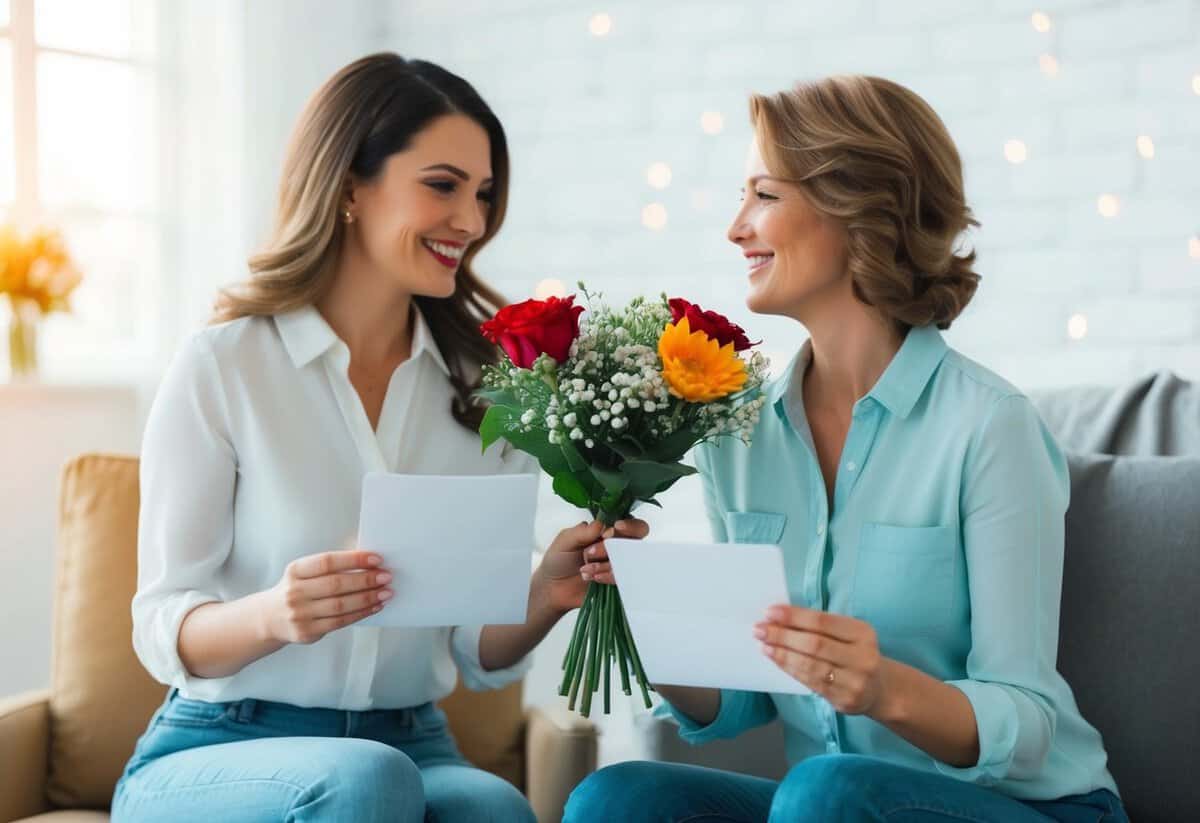 A wife receiving two flowers, two chocolates, and two love letters from her husband