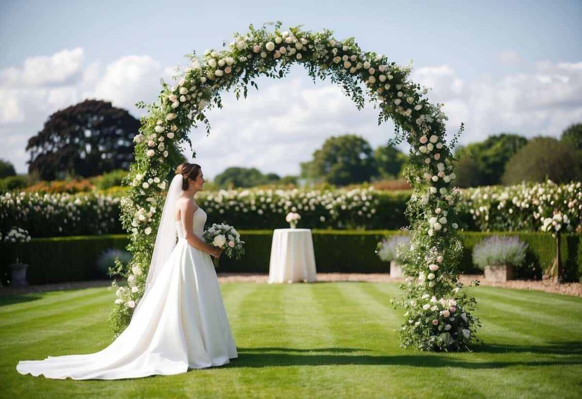 A wedding arch stands in a garden, adorned with flowers. The bride stands on the left, looking towards the center