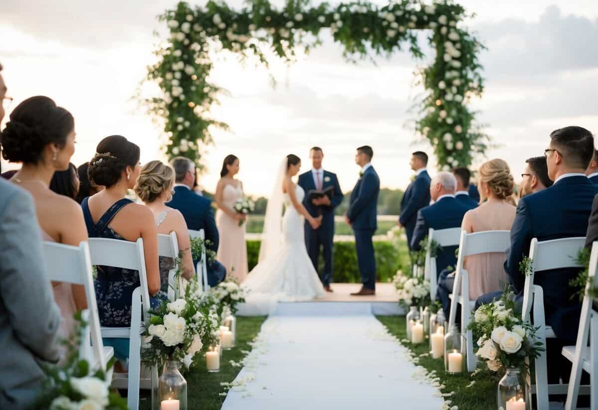 A wedding ceremony layout with the bride positioned on the left side