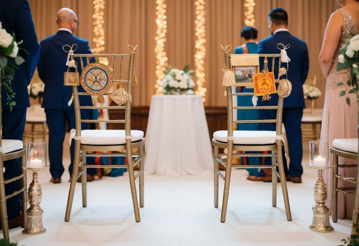 A wedding ceremony with two empty chairs facing each other, adorned with cultural symbols and personal items