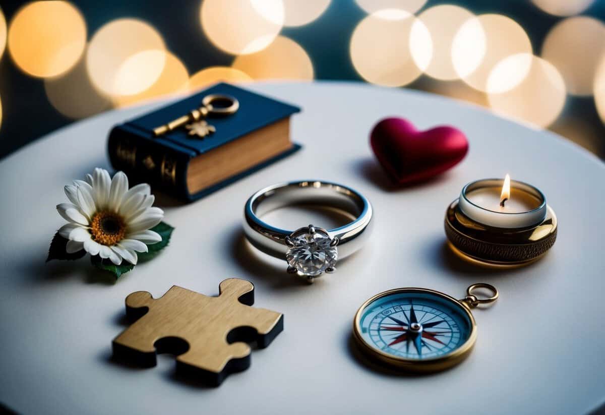 A wedding ring surrounded by seven symbolic objects representing the promises of marriage: a heart, a key, a flower, a book, a candle, a puzzle piece, and a compass