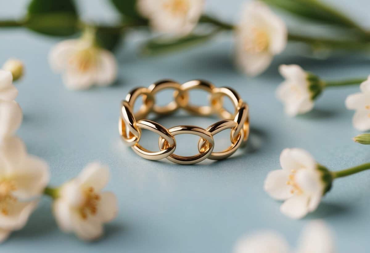A golden ring with seven interlocking loops representing the seven promises of marriage, surrounded by delicate floral motifs