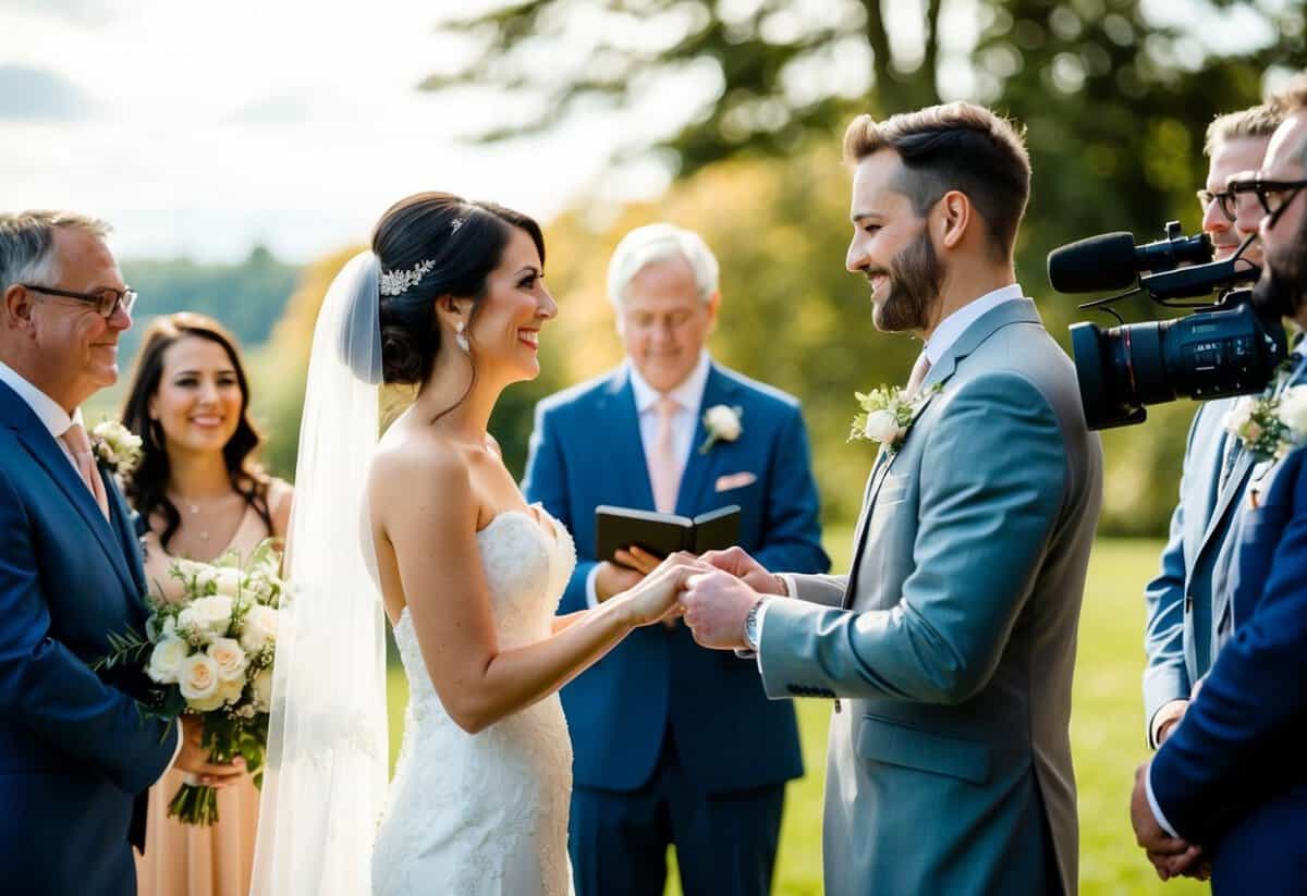 A bride and groom exchanging vows in a beautiful outdoor setting, surrounded by family and friends, with a professional videographer capturing every moment