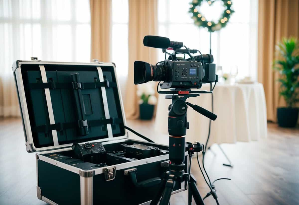 A videographer's equipment and lighting setup for a wedding shoot