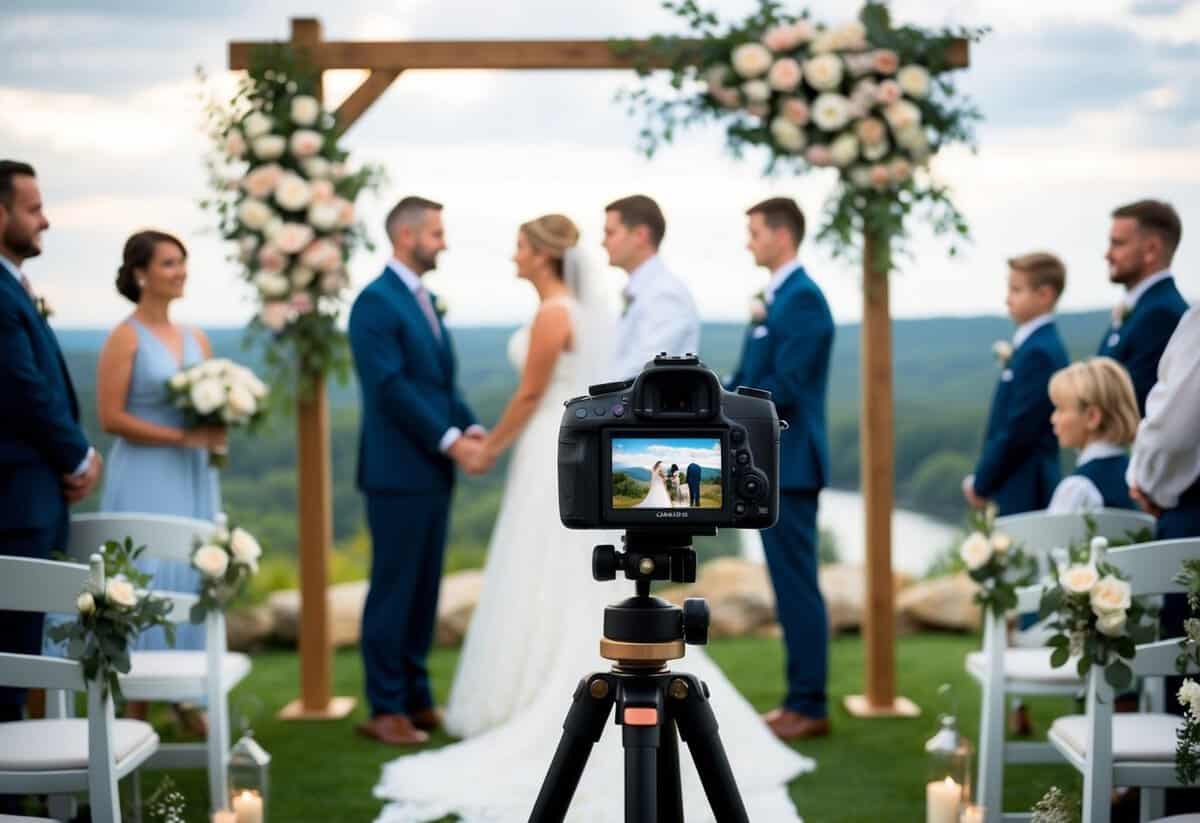 A camera on a tripod captures a wedding ceremony with a scenic backdrop and floral decorations