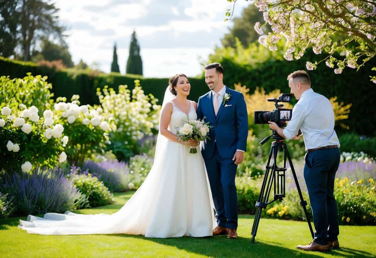 A bride and groom stand in a sunlit garden, surrounded by blooming flowers and greenery. A videographer captures their laughter and tender moments with a professional camera setup