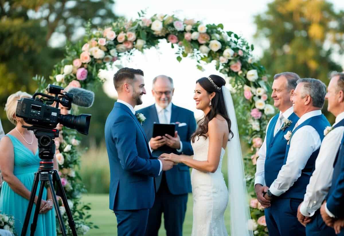 A couple exchanging vows under a floral arch, surrounded by family and friends. A videographer capturing the intimate moments with a professional camera setup