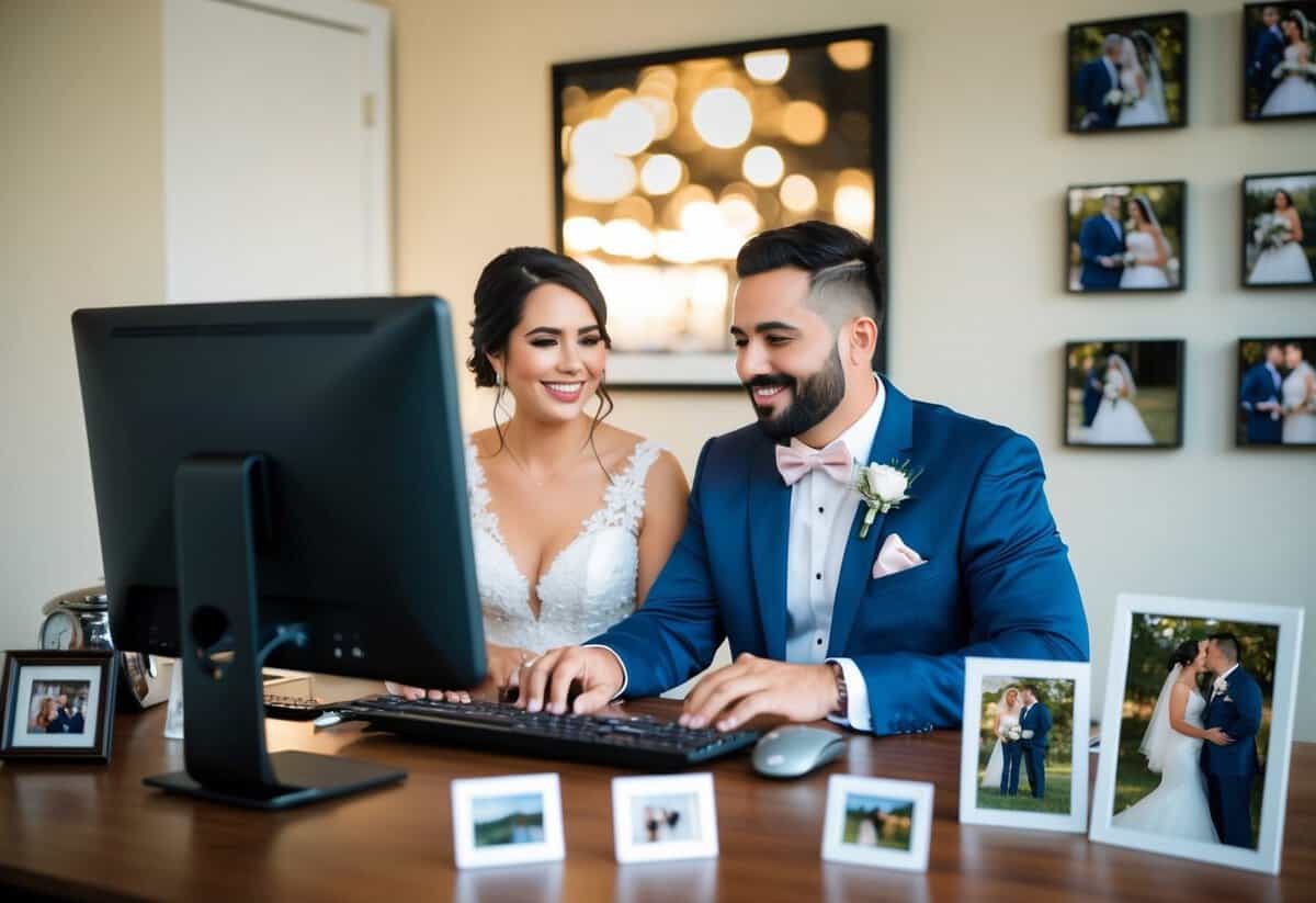 A couple sits at a desk with a computer, reviewing and editing their wedding video. They are surrounded by wedding photos and mementos