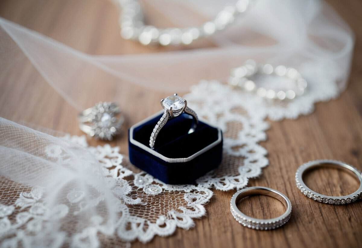 A sparkling engagement ring placed on a delicate lace bridal veil, surrounded by other jewelry options