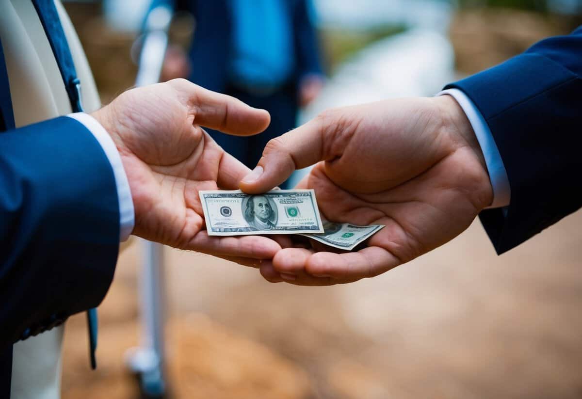 A groom's hand placing money into a videographer's palm