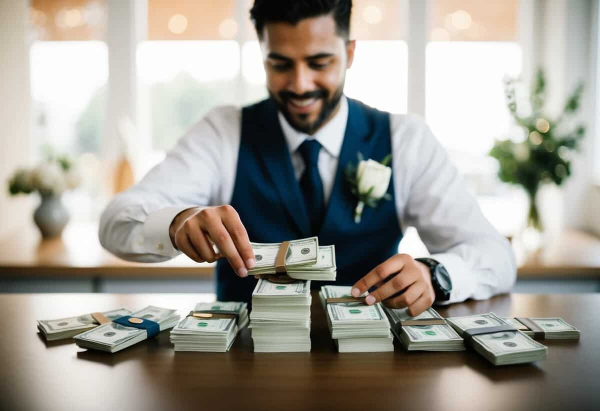 A wedding videographer counting a stack of money earned from their recent bookings