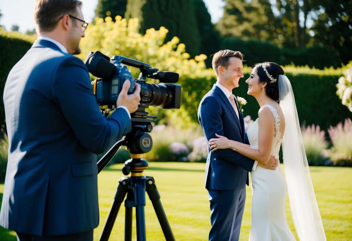 A camera on a tripod records a bride and groom exchanging vows in a sunlit garden
