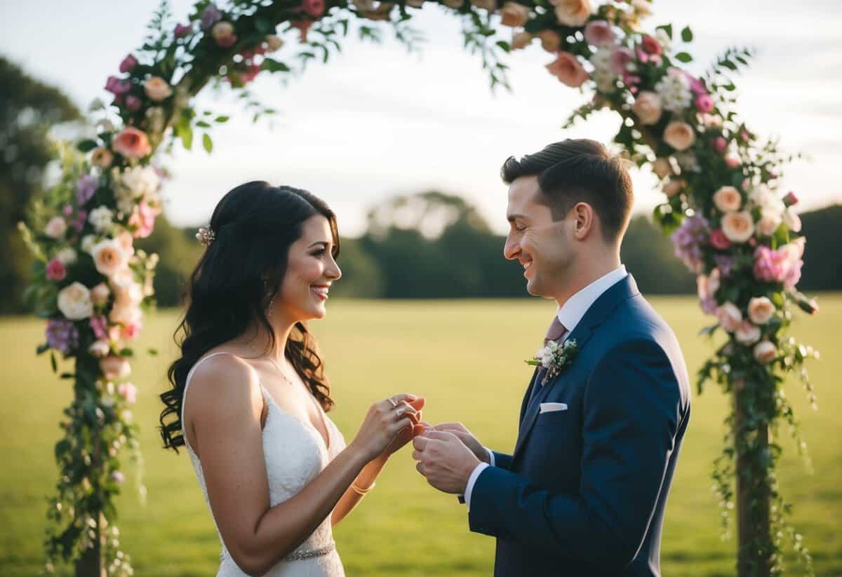 A couple exchanging rings in front of a floral arch