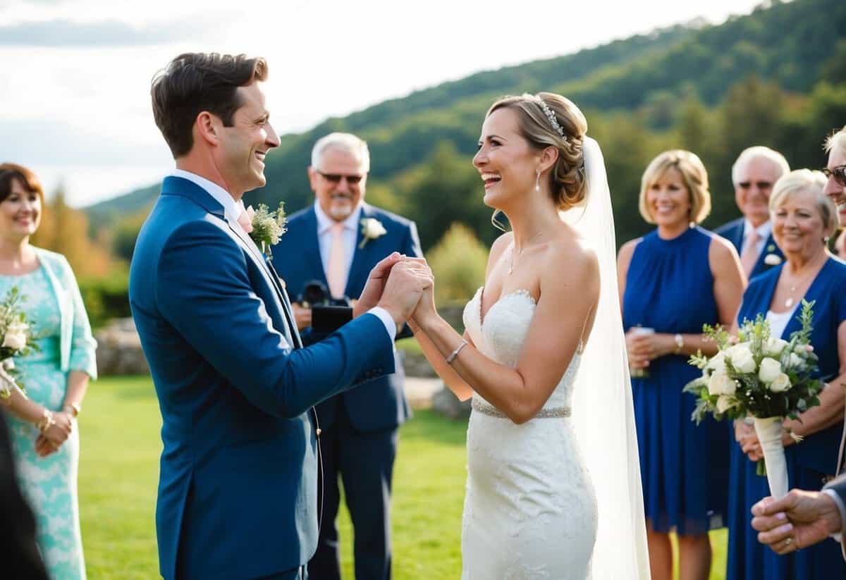 A wedding videographer capturing a joyful couple exchanging vows in a scenic outdoor setting, surrounded by family and friends