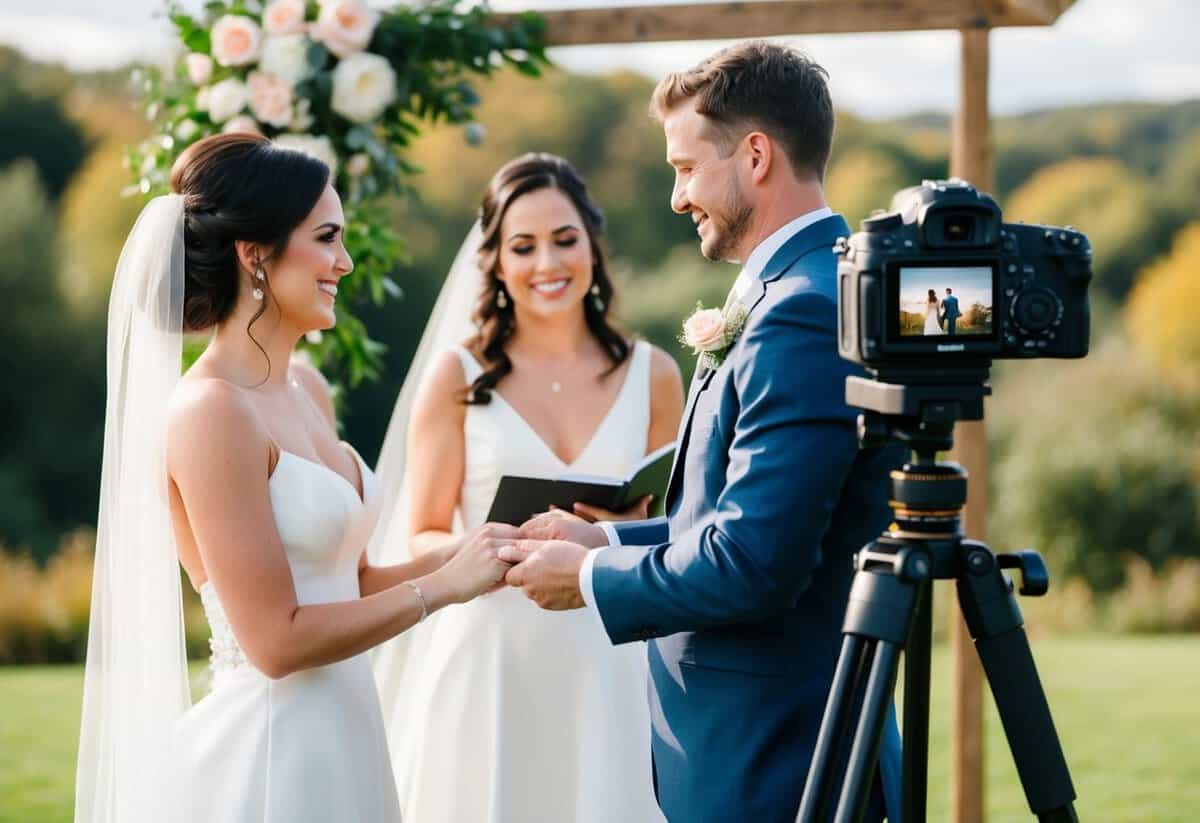 A camera on a tripod captures a bride and groom exchanging vows in a scenic outdoor setting, with soft lighting and floral decorations in the background
