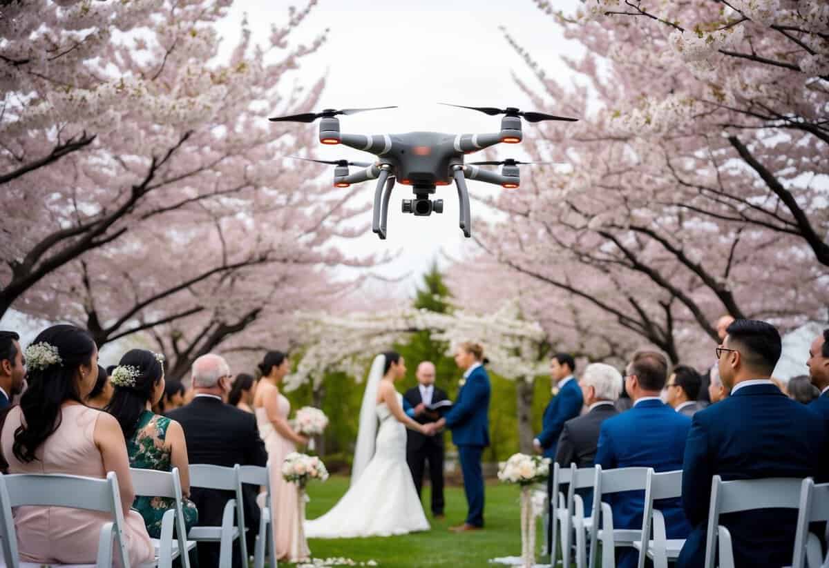A drone hovers above a picturesque outdoor wedding ceremony, capturing the exchange of vows beneath a canopy of blooming cherry blossom trees